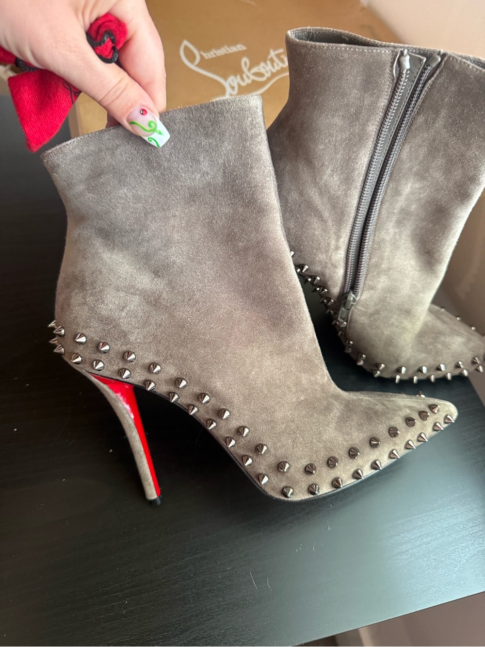 Christian Louboutin Gray Suede Studded Ankle Boots with Red Sole - Picture 7 of 11